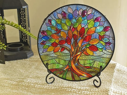 Stained Glass Window Hangings, Tree of Life with Hummingbird Suncatchers for Window, Treasured Gift for Mom, Grandma, Family and Friends (Colorful, 6.7x6.7 in)