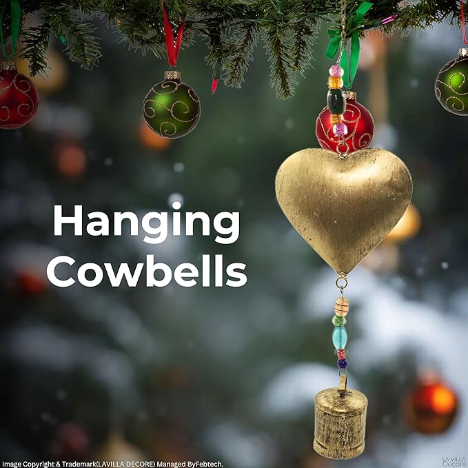 Brass Heart-Shaped with Colorful Beads and Hanging Bell – Handmade Vintage Bell Ornament for Garden, Patio, Porch, and Indoor/Outdoor Wall Decor, Beaded Heart Charm for Home or Yard