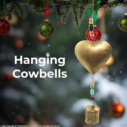 Brass Heart-Shaped with Colorful Beads and Hanging Bell – Handmade Vintage Bell Ornament for Garden, Patio, Porch, and Indoor/Outdoor Wall Decor, Beaded Heart Charm for Home or Yard