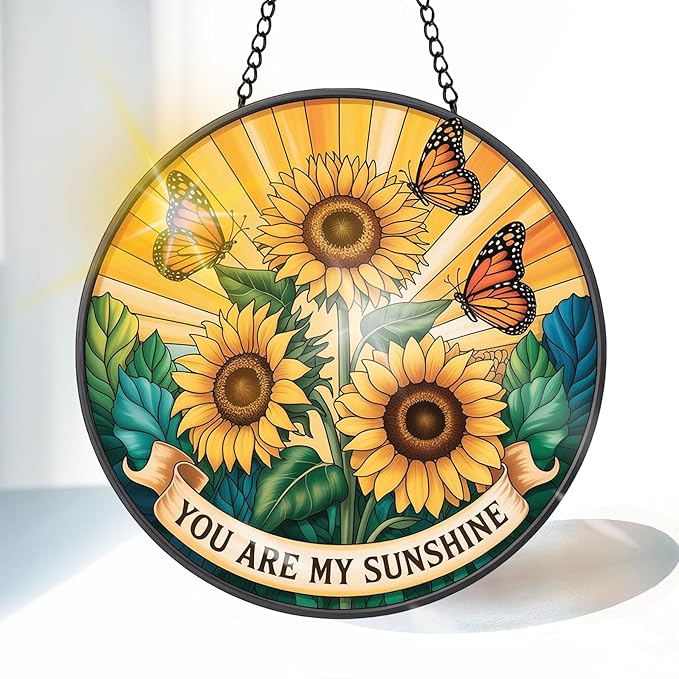 VAIIEYO Sunflower Sun Catcher Stained Glass Window Hanging Ornament, Handmade Sun Catcher Flower Decoration with Hooks for Window Garden Home, Mother's Day & Birthday Housewarming Gift (7.8 inch)