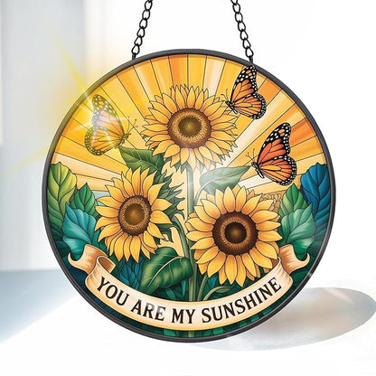 VAIIEYO Sunflower Sun Catcher Stained Glass Window Hanging Ornament, Handmade Sun Catcher Flower Decoration with Hooks for Window Garden Home, Mother's Day & Birthday Housewarming Gift (7.8 inch)