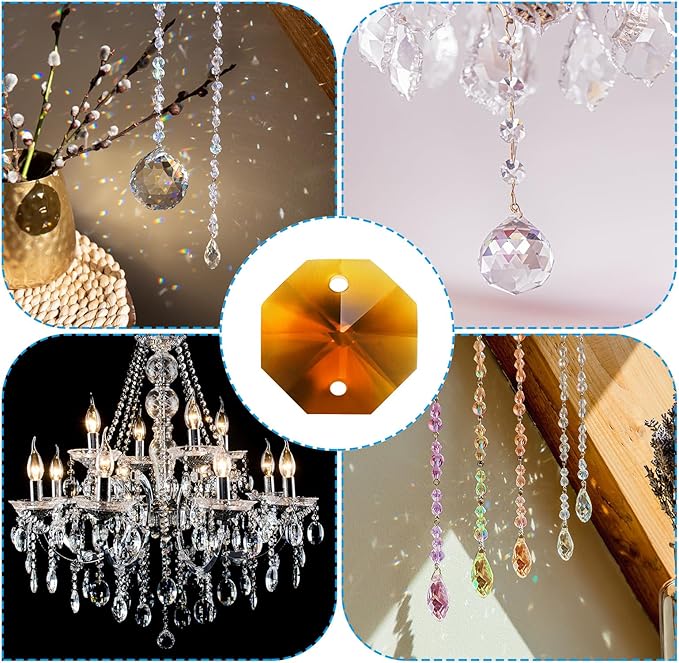PATIKIL K9 Crystal Octagon Beads 2 Holes Pendants, 60 Pack 14mm Chandelier Prisms Parts Ornaments Hanging Beads for DIY Arts Crafts Decoration, Amber