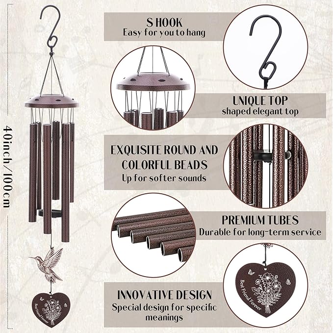 Bestie Gifts for Women - Friendship Wind Chimes Outside Metal Hummingbird Windchimes Indoor Outdoor Garden Yard Porch Hanging Decor Graduation Birthday Sisterhood Gift for Best Friends