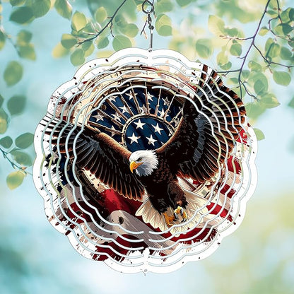 Eagle American Flag Wind Spinner Outdoor, USA 250th Anniversary Wind Chime, 8 Inch 3D Metal Garden Wind Spinner, Stainless Steel Patriotic Yard Hanging Decor Gift