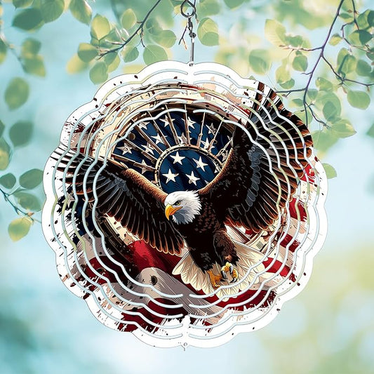 Eagle American Flag Wind Spinner Outdoor, USA 250th Anniversary Wind Chime, 8 Inch 3D Metal Garden Wind Spinner, Stainless Steel Patriotic Yard Hanging Decor Gift