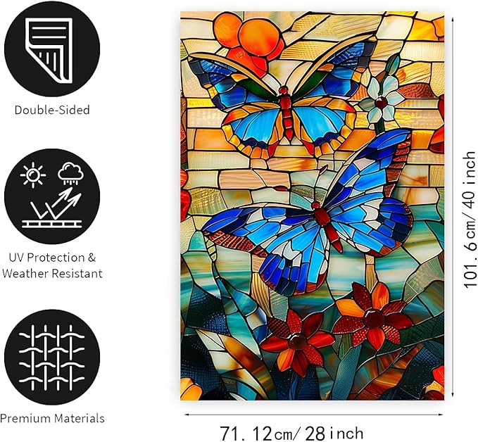 Stained Glass Butterfly Garden Flag Spring Summer House Flag Fall Floral Decorative Yard Flags for Outside 28x40 Double Sided Large Seasonal Lawn Flags Rustic Outdoor Decor