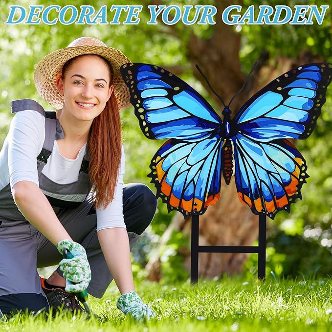 1 Pcs Spring Metal Butterfly Garden Stakes Decor 16.5 Inch Decorative Blue Butterfly Yard Stake Outdoor Insect Decor Metal Garden Art Ornaments for Patio Porch Lawn Backyard