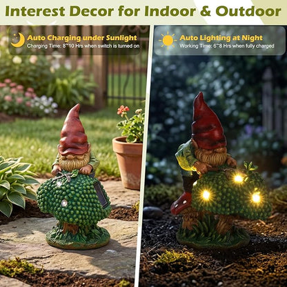 EXYGLO Solar Gnome Garden Decor Statue, 7.4" Gnome Gardener Outdoor Funny Decoration for Lawn, Patio, Yard, and Unique Housewarming, Birthday Ornament Gift for Mother, Friend, Family