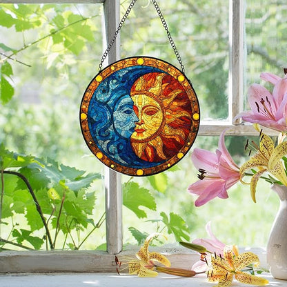 Sun and Moon Stained Glass Window Hanging, Celestial Sun and Moon Suncatchers Indoor Window Glass Wall Art Decorations, Celestial Decor Round Wall Hanging Decor, 7.9x7.9in