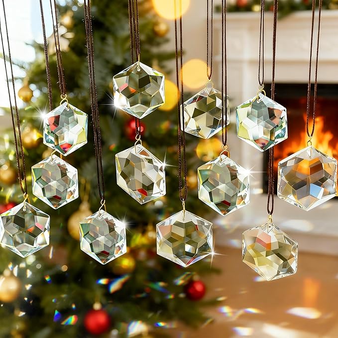 H&D HYALINE & DORA 12 Pack Crystal Sun Catcher Prisms Clear Suncatcher Crystals Indoor Window Hanging Christmas Ornaments Rainbow Maker Prisms for Home Garden Decor(Hexagon)