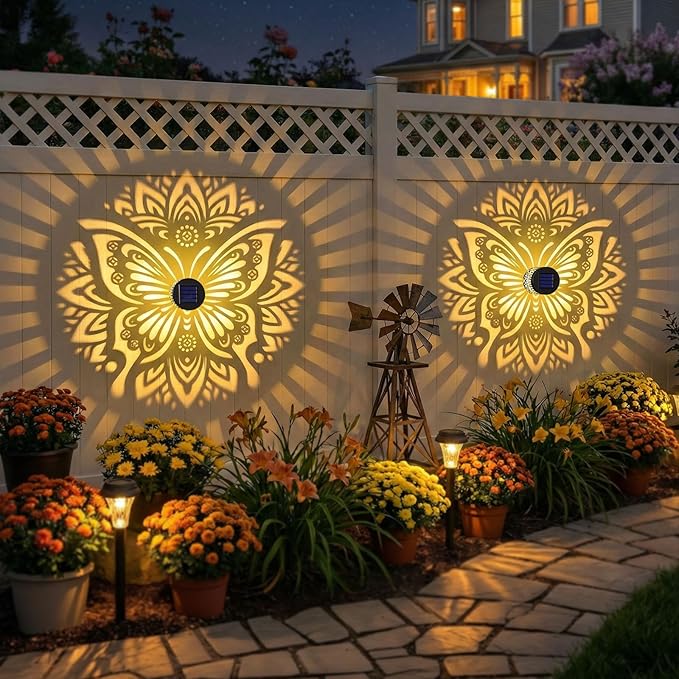 2 Pack Solar Fence Lights Metal Solar Powered Outdoor Wall Deck Step Lights Butterfly Mandala Theme Waterproof Fence Light for Garden Post Patio Backyard Yard Decor, Gardening Gifts for Women Mom