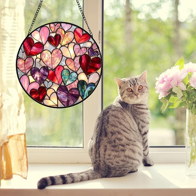 Heart Stained Glass Suncather for Window Hanging, 7.9'' Pink Love Heart Ornament Gift for Women Mom, Romantic Wall Art Home Decor Gifts for Anniversary Wedding (Pink Heart, 7.9'')
