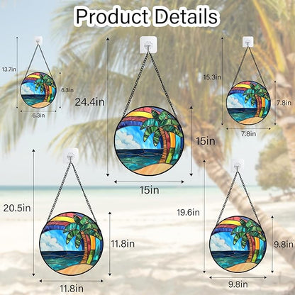CHATYOUNG Stained Glass Window Hanging Abstract Ocean Coconut Tree Large 11.8" - Color Suncatcher Door Garden Home Decor and Christmas Mother's Day Birthday Gift for Grandma Nana and Mom Women Friend