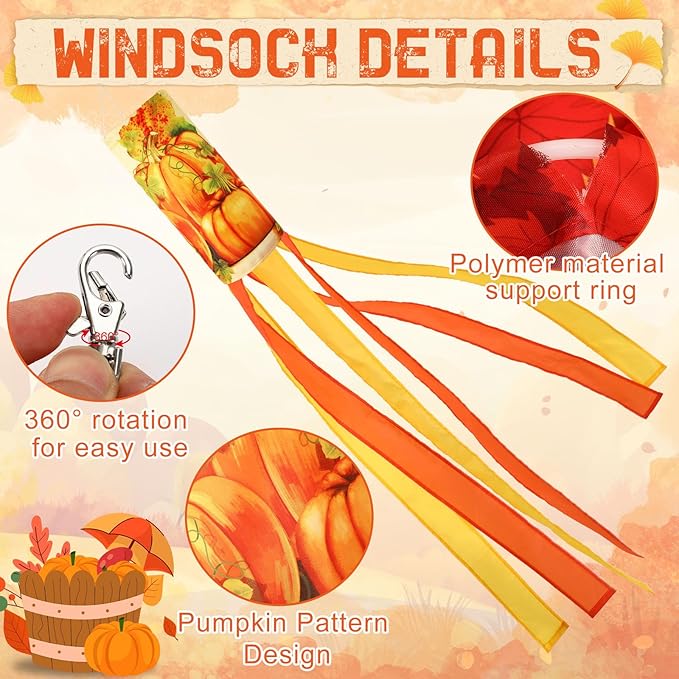 NOVWANG 2 Pieces 40 Inch Fall Windsocks，Pumpkin Maple Leaf Wind Socks for Outside Decor Hanging Flag for Home Garden Yard Wall Balcony Decoration