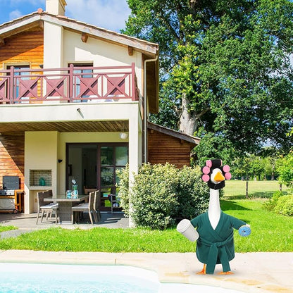 Shyyween Spring Porch Goose Outfit 23 Inch Green Lady Goose Statue Clothes Summer Bathrobe Coffee Cup Curlers for Cement Plastic Lawn Geese Outdoor Garden Yard Patio Decoration