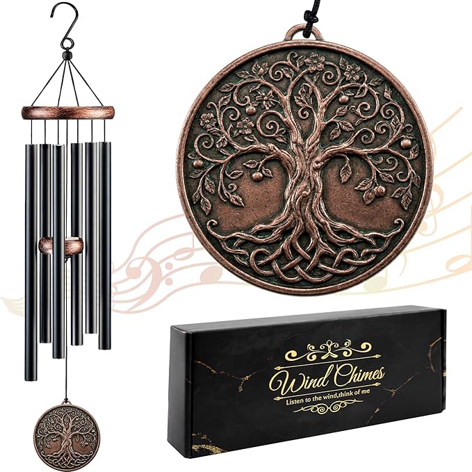 Tree of Life Wind Chimes for Outside, Deep Tone Memorial Windchimes Outdoors with Black Metal Tubes, Large Wind Chime for Patio Porch Garden Yard, Condolences Sympathy Gifts for Loss of Loved One
