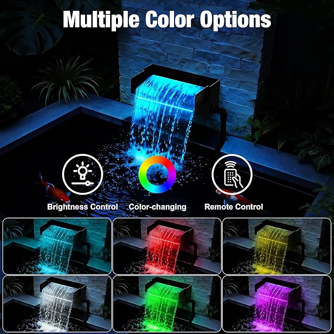 Pond Waterfall Spillway with LED Lights - 12-inch Stainless Steel Spillway and 850GPH Submersible Pump with Cover for Garden, Ponds, Backyard, Pool