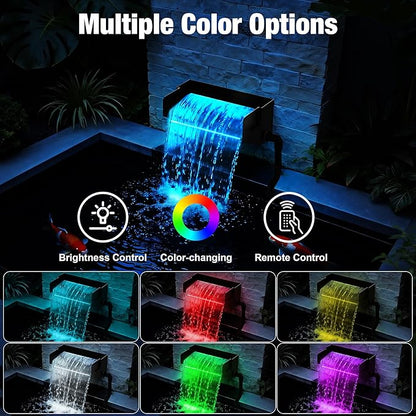 Pond Waterfall Spillway with LED Lights - 12-inch Stainless Steel Spillway and 850GPH Submersible Pump with Cover for Garden, Ponds, Backyard, Pool
