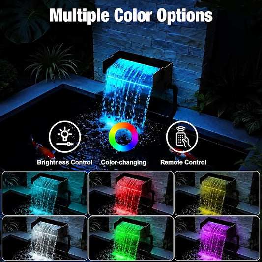 Pond Waterfall Spillway with LED Lights - 12-inch Stainless Steel Spillway and 850GPH Submersible Pump with Cover for Garden, Ponds, Backyard, Pool