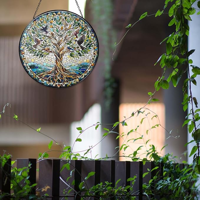 Tree of Life with Birds Sun Catcher RVEAFA Stained Glass Window Hanging Birds Lover Gifts for Women Wall Decor Handmade Sun Catcher Decoration for Garden Home Housewarming Gifts（20 * 20cm