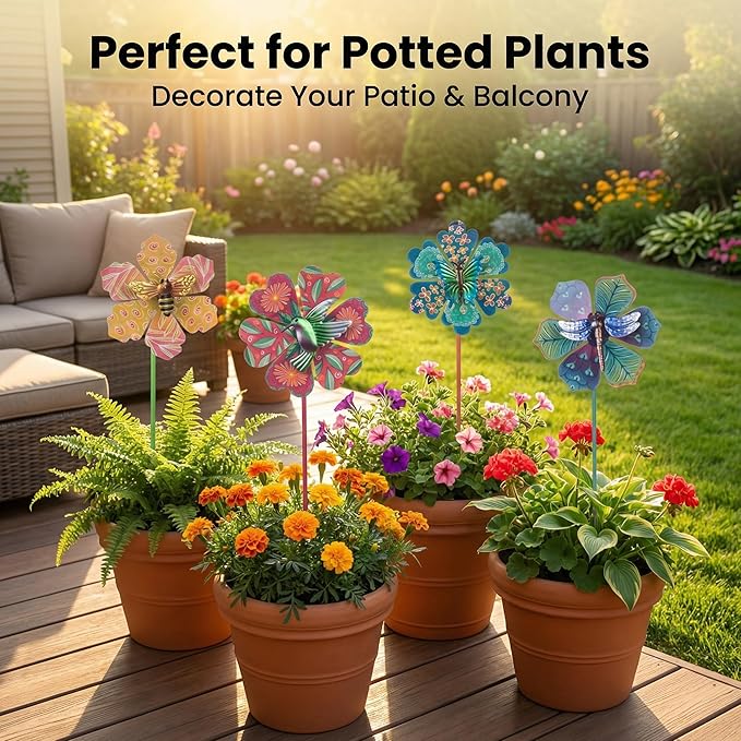 Topadorn Metal Floral Garden Stakes Waterproof Wind Spinner Decor - Colorful Windmill Design for Patio, Lawn, Garden, for Plant Lovers,4 Pack