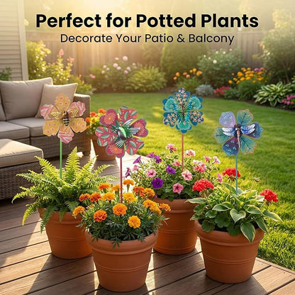 Topadorn Metal Floral Garden Stakes Waterproof Wind Spinner Decor - Colorful Windmill Design for Patio, Lawn, Garden, for Plant Lovers,4 Pack