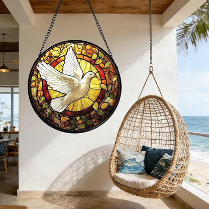 DASTOLL Stained Glass Window Hanging, Flying White Dove Sun Catchers Diamond Glass Panel Hangings Cute Birds Suncatcher Decor for Birthday for Women, Men, Wife, Aunt, and Mom 11.8 in