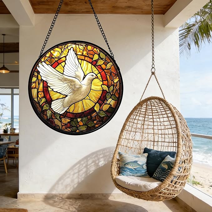 DASTOLL Stained Glass Window Hanging, Flying White Dove Sun Catchers Diamond Glass Panel Hangings Cute Birds Suncatcher Decor for Birthday for Women, Men, Wife, Aunt,and Mom 7.8X7.8IN
