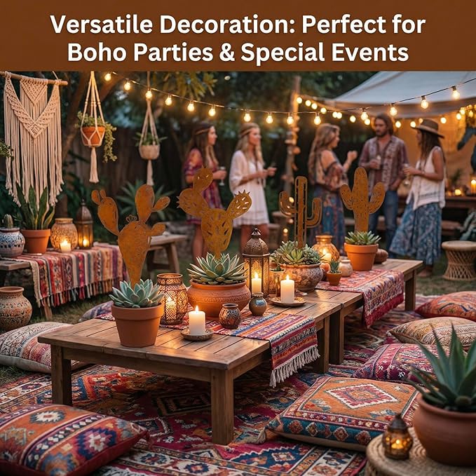 INSYOHO 4Pcs Metal Cactus Outdoor Decor, Prickly Pear Garden Sculptures & Yard Art Statues, Heavy Duty Metal Plants for Patio, Lawn, Backyard & Boho Bohemian Party Decorations