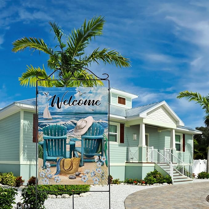 Hzppyz Welcome Summer Beach Coastal Nautical House Flag Double Sided, Ocean Blue Sea Myosotis Sylvatica Chairs Decorative Garden Yard Outdoor Large Decor, Burlap Home Outside Decoration 28 x 40