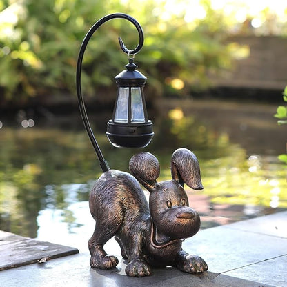 Laughing Dog Figurine with Solar-Powered LED Light 15.9 Inch Tall Antique Bronze, Perfect for Gift Garden Decor or Housewarming for Dog Lovers