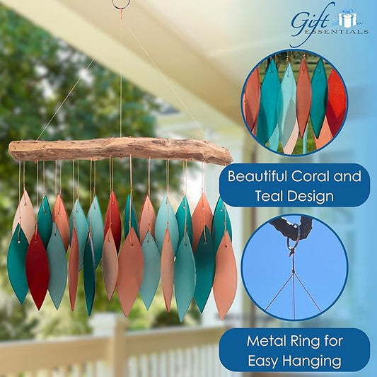 Blue Handworks Coral and Teal Glass & Driftwood Chime, Sandblasted Glass and Found Wood Handcrafted Wind Chime