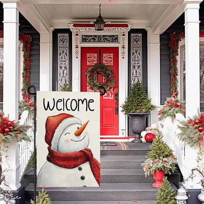 Snowman Winter Welcome Garden Flag 12x18 Inch Double Sided Snowman Holiday Burlap Yard Flags for Outside Small Flag for Outdoor Garden Decoration