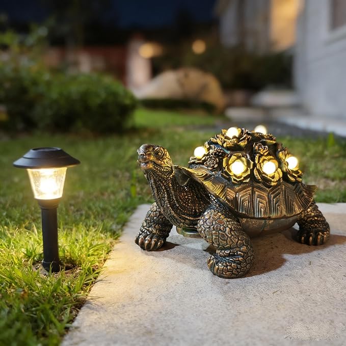 Outdoor Solar Turtle Decor, Resin Succulent Turtle Statue with Waterproof LED Lights, Garden Gift for Plant Lovers for Patio, Balcony, Yard Ornament