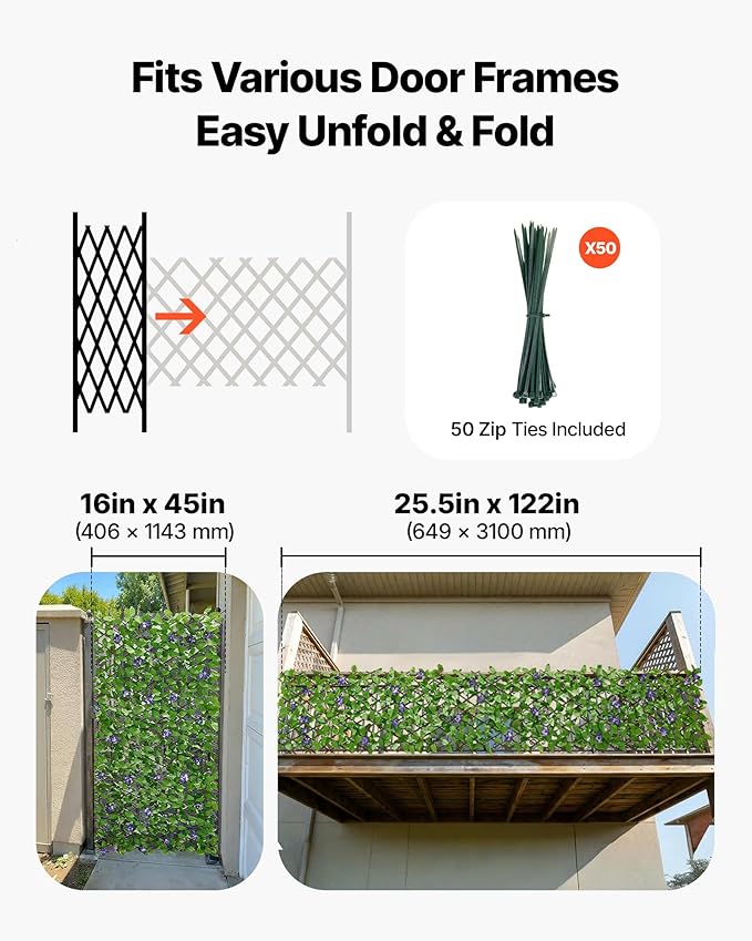 VEVOR Expandable Fence Privacy Screen, 25.5 x 122 in Expand Artificial Plant Wall, Realistic Artificial Ivy Panel with 50 Zip Ties, Decorative Faux Greenery Backdrop Hedges for Balcony Patio Outdoor