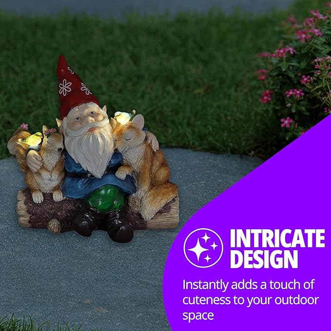 Exhart Garden Gnome, Solar Squirrel and Fox Friends Garden Sculpture, LED Birds, Outdoor Lawn and Yard Decoration, 14 x 8 x 13.5 Inch, Multicolor, Resin