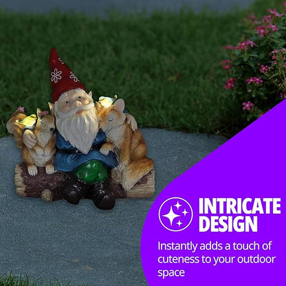 Exhart Garden Gnome, Solar Squirrel and Fox Friends Garden Sculpture, LED Birds, Outdoor Lawn and Yard Decoration, 14 x 8 x 13.5 Inch, Multicolor, Resin