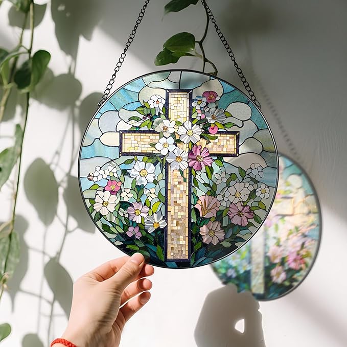 8'' Christian Stained Glass Suncatcher Ornament, Cross Window Hanging, Window Decor, Jesus Home Decor, Gifts for Christmas, Easter Faith Cross Gifts, Religious Gift, Christian Gift
