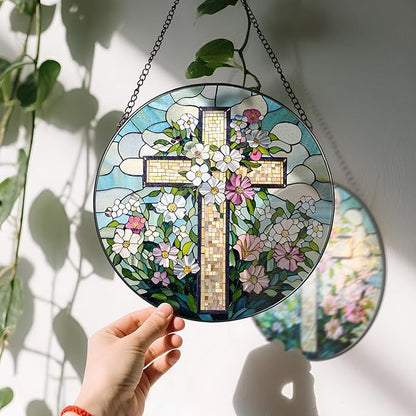 8'' Christian Stained Glass Suncatcher Ornament, Cross Window Hanging, Window Decor, Jesus Home Decor, Gifts for Christmas, Easter Faith Cross Gifts, Religious Gift, Christian Gift