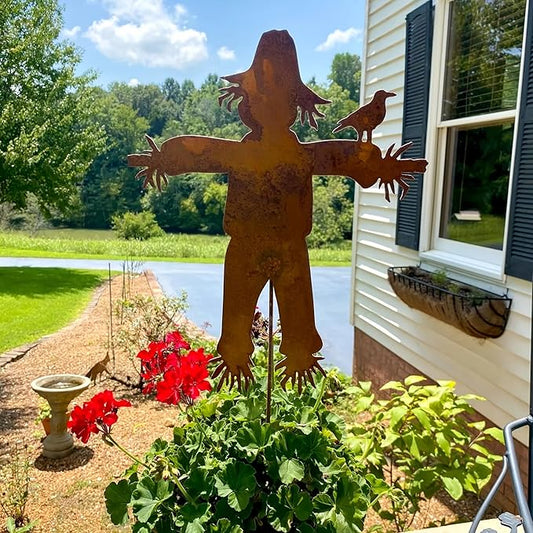 Metal Scarecrow Garden Art - Freestanding Scarecrow & Bird Design, Weatherproof Outdoor Fall Decor for Yard, Porch - Thanksgiving & Autumn Rustic Charm