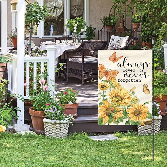 AVOIN colorlife Always Loved Never Forgotten Memorial Garden Flag 12x18 Inch Double Sided Outside, Sunflower Yard Outdoor Decoration