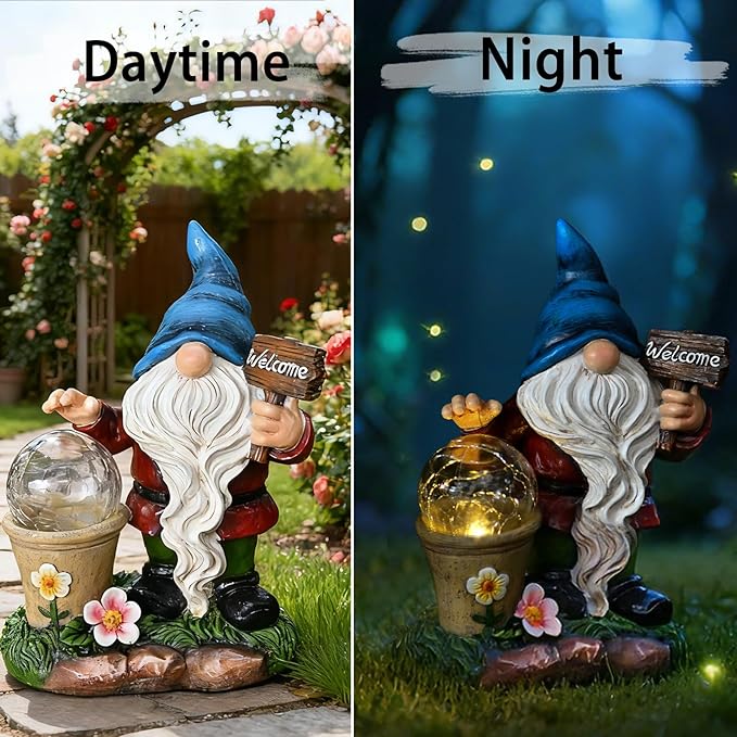 Cynkeyee Garden Gnome Outdoor Statue Decor - Solar Gnomes Figurine, Outdoor Gnome Decor, Gnomes Decorations for Yard with Solar Light, Gnome Sculptures for Patio Lawn Ornaments 6.5x4x8.5 Inch