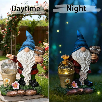 Cynkeyee Garden Gnome Outdoor Statue Decor - Solar Gnomes Figurine, Outdoor Gnome Decor, Gnomes Decorations for Yard with Solar Light, Gnome Sculptures for Patio Lawn Ornaments 6.5x4x8.5 Inch