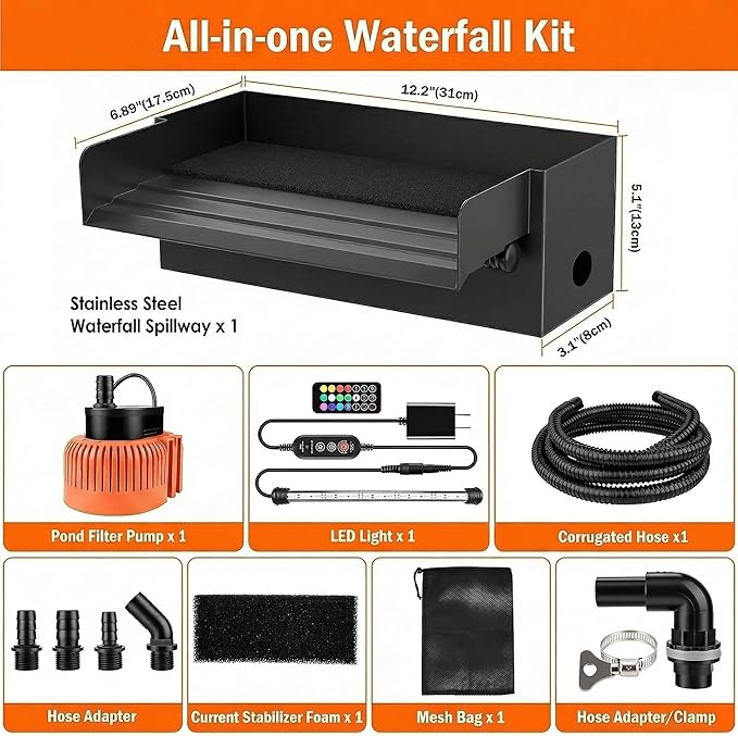 Pond Waterfall Spillway with LED Lights - 12-inch Stainless Steel Spillway and 850GPH Submersible Pump with Cover for Garden, Ponds, Backyard, Pool