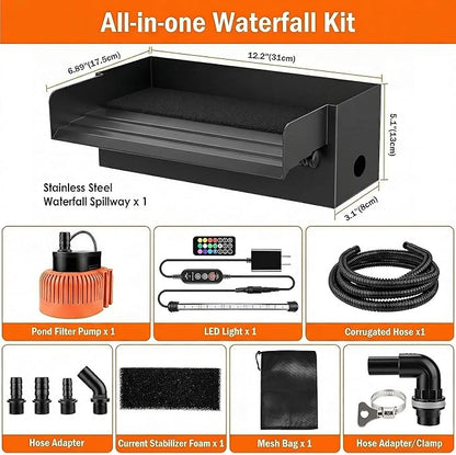 Pond Waterfall Spillway with LED Lights - 12-inch Stainless Steel Spillway and 850GPH Submersible Pump with Cover for Garden, Ponds, Backyard, Pool