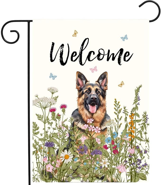 Spring Summer Garden Flag Floral German Shepherd Yard Flag Flower Dog Garden Flags for Outside Small Outdoor Welcome Flags 12x18 Double Sided