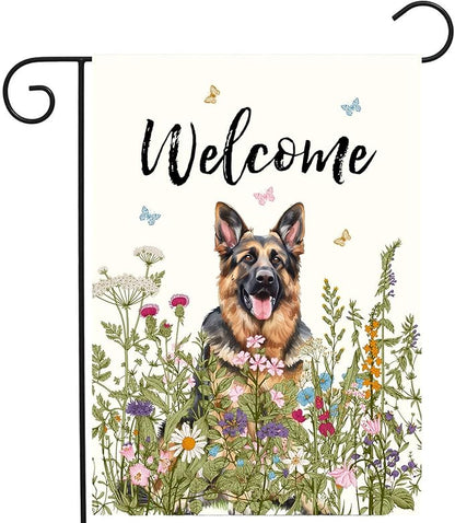 Spring Summer Garden Flag Floral German Shepherd Yard Flag Flower Dog Garden Flags for Outside Small Outdoor Welcome Flags 12x18 Double Sided