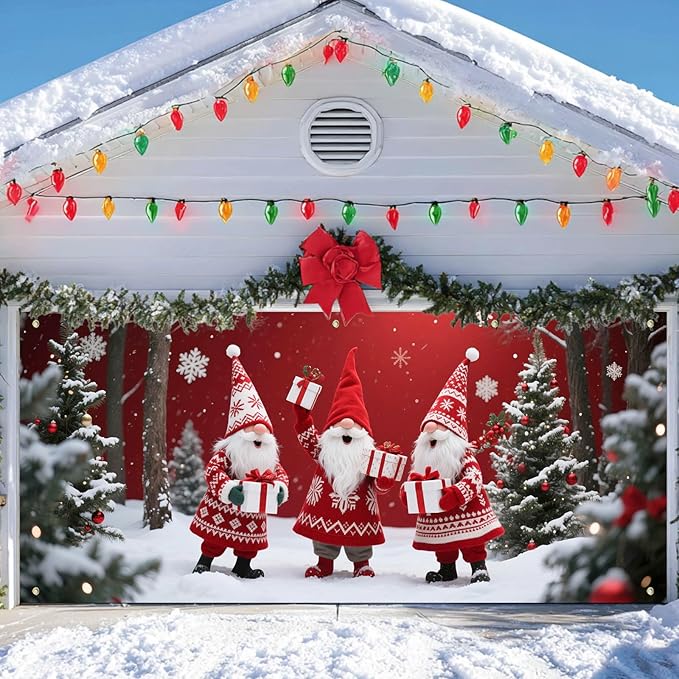 IVN Christmas Garage Door Cover Decoration 13x6ft Three Santas Gnome Red Gift Tree Snowy Trees Merry Christmas Garage Door Banner Home Door Front Yard Decor for Xmas Eve Holiday Outdoor