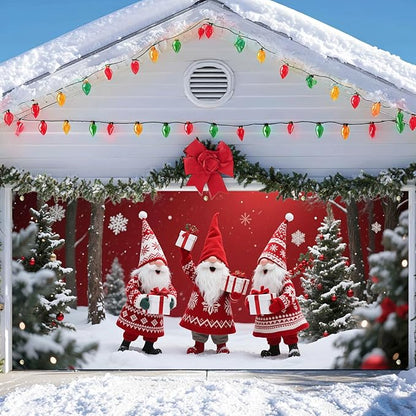 IVN Christmas Garage Door Cover Decoration 13x6ft Three Santas Gnome Red Gift Tree Snowy Trees Merry Christmas Garage Door Banner Home Door Front Yard Decor for Xmas Eve Holiday Outdoor