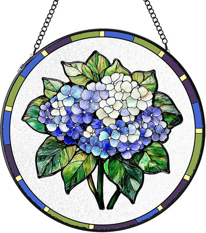 Stained Glass Suncatchers Window Hanging, Hydrangea Sun Catchers Indoor Window Stained Glass Hanging Garden Decor, Birthday Gifts for Mom Grandma Aunt Sister Bestie 7.8 in